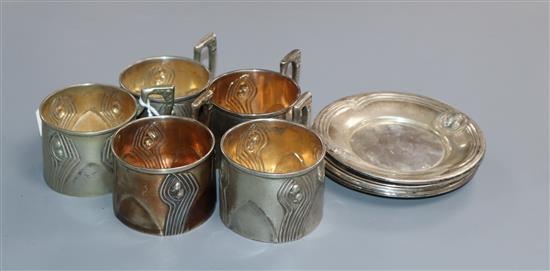 A set of five Vienna Art Nouveau 800 standard white metal coffee cups and saucers, maker, KJ.